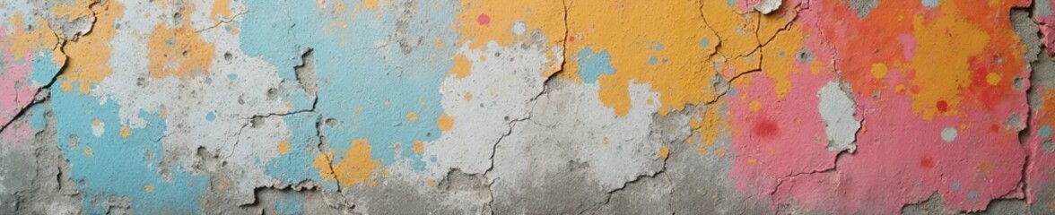 - Close-up of weathered concrete wall with deep cracks and peeling paint, rough, cracked