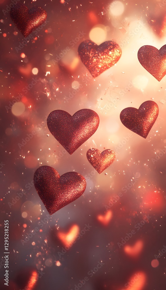 Poster red glittering hearts float against a soft bokeh filled background