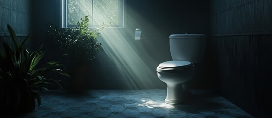 Sunlit restroom, plants, toilet, dark room.  Website design