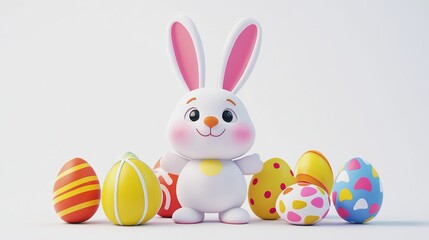 Colorful 3D rendered Easter bunny and Easter eggs symbolize joyful holiday celebrations, spring festivals, and family fun.