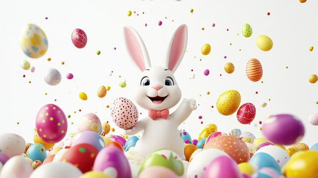 Colorful 3D rendered Easter bunny and Easter eggs symbolize joyful holiday celebrations, spring festivals, and family fun.