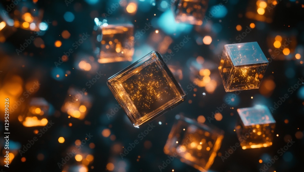 Poster floating glowing cubes in a dark abstract background