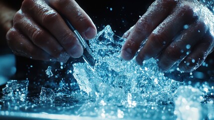 Fototapeta premium Hands breaking a large ice cube, water splashing. Perfect for concepts of fragility, change, or refreshment.
