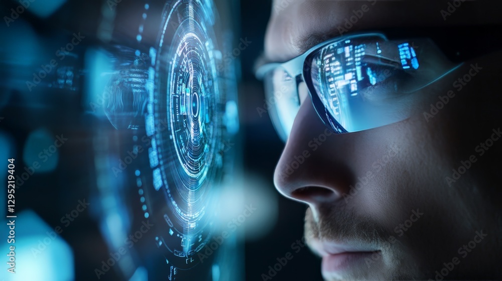 Poster business analyst using a smart contact lens displaying augmented financial data, futuristic ar techn