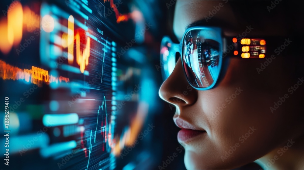 Poster business analyst using a smart contact lens displaying augmented financial data, futuristic ar techn