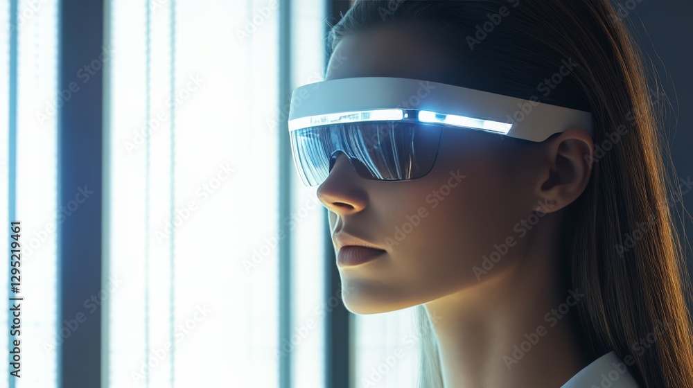 Poster businesswoman using a neural interface headset to interact with real-time financial data, futuristic