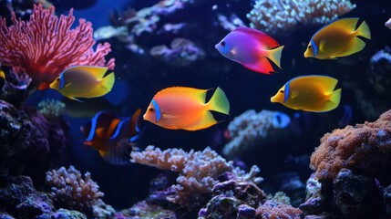 Obraz premium Vibrant coral reef aquarium fish swimming in colorful underwater scene