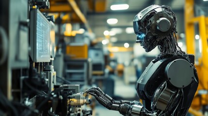 Fototapeta premium Cybernetic humanoid operating industrial machinery, blending artificial intelligence with human labor, the future of work