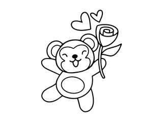 Valentine Day Monkey Holding Rose Outline
