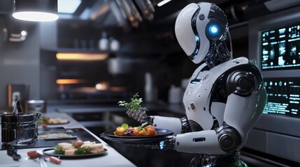 Futuristic AI-powered robotic chef preparing gourmet dishes in a high-tech kitchen, advanced culinary automation