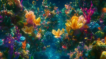 Vibrant Underwater Coral Reef Scene with Colorful Fish and Bioluminescent Glitter