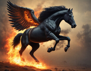Mythological Winged Black Horse Like Pegasus Flying through flames