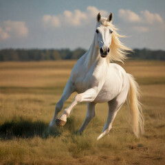Obraz premium Beautiful Strong White Stallion Running in a Field
