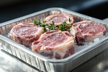 Fototapeta premium Four raw beef steaks on ice in a tray. Perfect for restaurant menus, butcher shops, or cooking blogs.