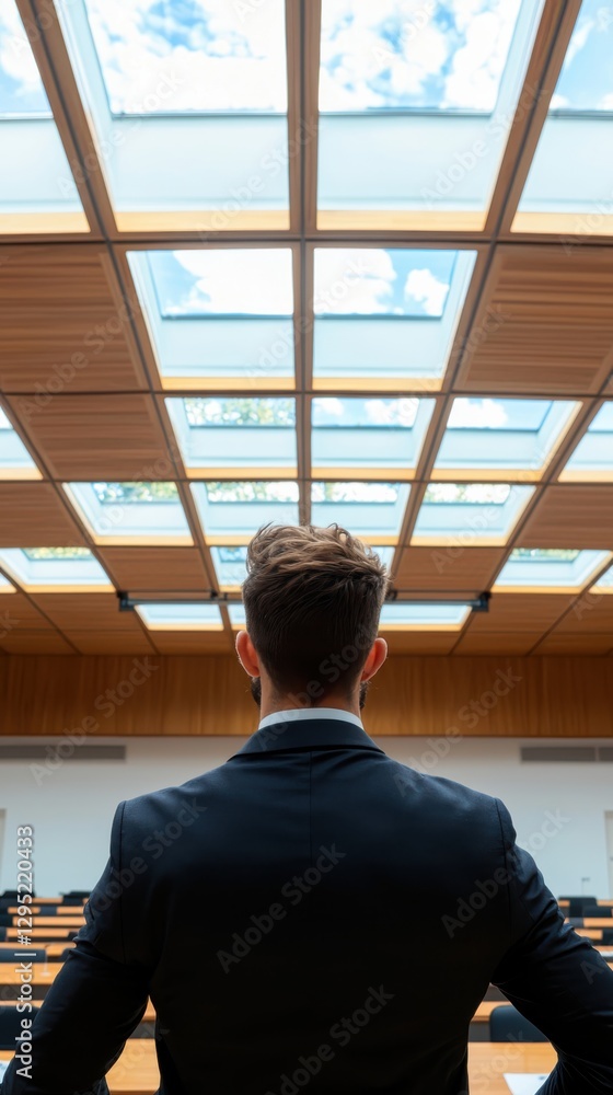 Poster engaging presentation by a speaker in a bright conference room front view realistic content with sof