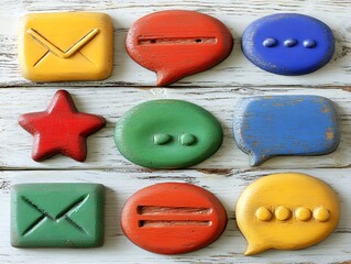 Wooden communication icons on white wood