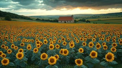 Fototapeta premium Sunflowers Field Chapel Sunset