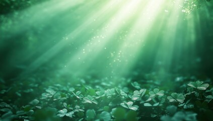 Fototapeta premium A radiant beam of light shining down on an emerald green background, with subtle clover leaves, creating a magical and enchanting atmosphere, fog subtle. The golden rays radiate
