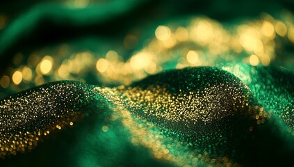 Emerald green fabric with gold glitter, abstract texture, bokeh background