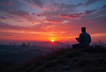 Fototapeta premium Silhouetted Man Praying at Sunset Over Cityscape