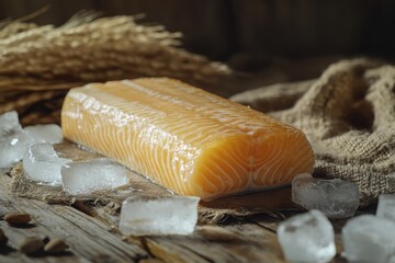 Fresh salmon fillet on ice, rustic setting. Perfect for culinary, food, or restaurant websites.