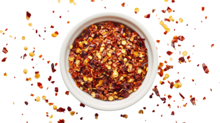 Chili flakes falling into a bowl on transparent background