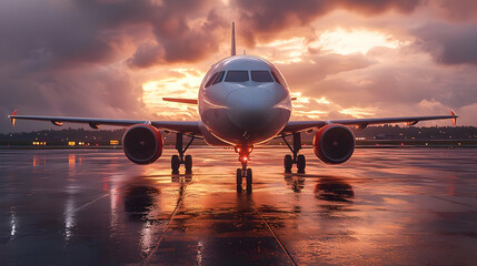 Passenger Airplane on Wet Runway at Sunset: Dramatic 3D Render of Aircraft Preparing for Departure,  Reflective Surface Captures Vivid Sky Colors.