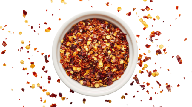 Chili flakes falling into a bowl on transparent background