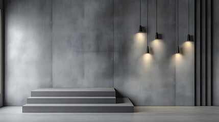 Modern 3D Render: Grey Stepped Platform & Industrial-Style Lighting AI Generated