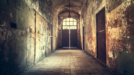 Dark Gloomy Abandoned Building Hallway Interior