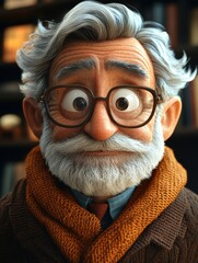 Cartoon Character Portrait of an Elderly Man with Glasses and Scarf