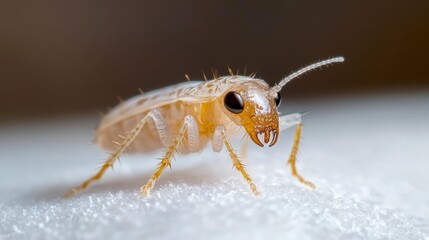 Fototapeta premium Close-up of a translucent insect with detailed features on a soft white surface