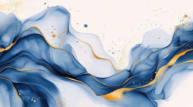 Luxurious gold and navy abstract liquid patterns with soft watercolor blend, ideal for premium packaging designs, website banners, and minimalist interior decor concepts.