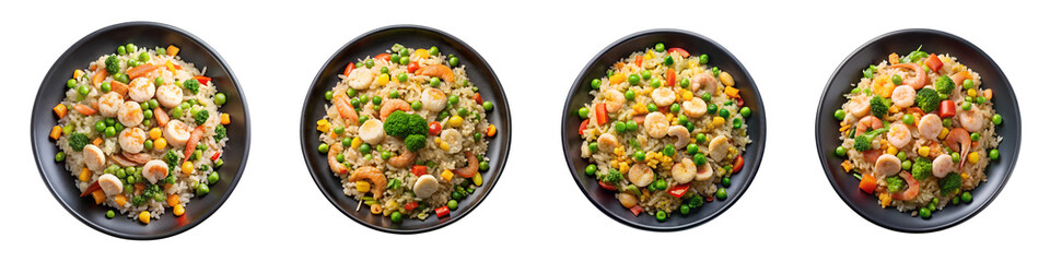 Gourmet black plate egg fried rice isolated on a transparent background.