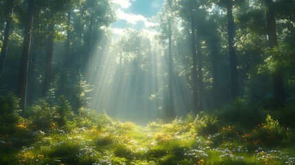 Obraz premium Sunbeams illuminate a forest path, wildflowers, serene nature scene, game background