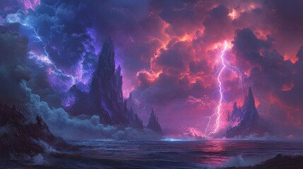 Naklejka premium Epic Stormy Seascape: Dramatic Lightning over Mysterious Mountains