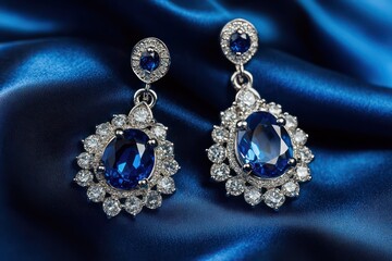 Sapphire earrings on blue silk.  Elegant jewelry photography for online stores