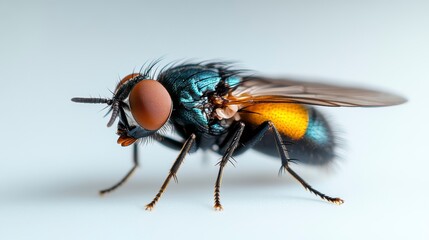 Fototapeta premium Close-up of a vibrant fly showcasing intricate details of its wings and body on a plain background