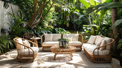 vA stylish rattan outdoor lounge set with plush cushions, placed on a sunny patio surrounded by greenery.

