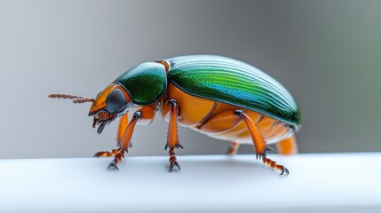 Naklejka premium Close-up of a vibrant green and orange beetle crawling on a white surface with soft background
