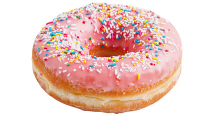 Delicious pink donut with colorful sprinkles on transparent background