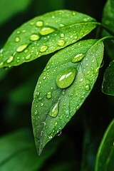 ** Fresh Green Leaves with Water Droplets in Natural Garden Close-Up