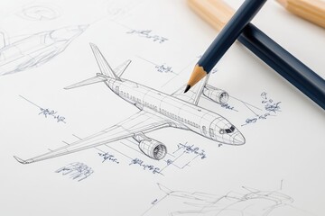 Airplane Blueprint Illustration with Detailed Pencil Sketch on White Background