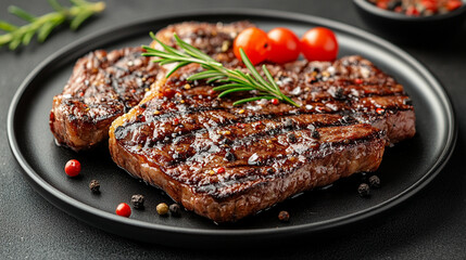 A close-up of a succulent grilled steak resting on a sleek black plate. The rich texture and glistening juices symbolize indulgence, luxury, and satisfaction, evoking warmth, strength, and culinary ma