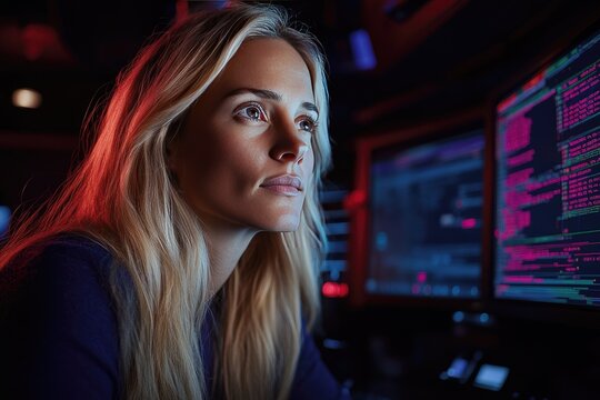 Focused Woman Engaged in Computer Programming at High-Tech Workstation