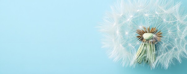 Obraz premium Close up of a beautiful dandelion seed head on blue