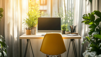 Fototapeta premium Bright Home Office Workspace with Green Plants and Sunlight