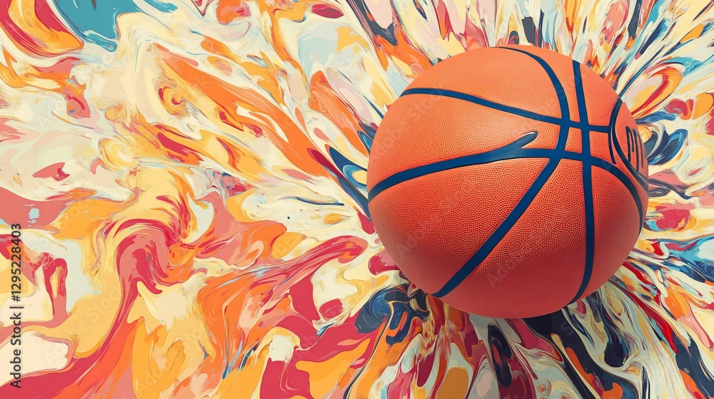 Poster a basketball floats against a vibrant abstract fluid art painting background with dynamic splashes o