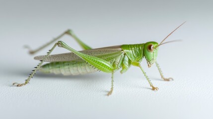 Close-up of a vibrant green grasshopper on a smooth surface, showcasing intricate details and textures