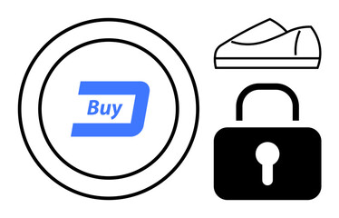 Blue Buy button with digital currency symbol, outline of a shoe, and a black padlock symbol. Ideal for e-commerce, online shopping, security, digital payments, fashion, fintech, consumer protection